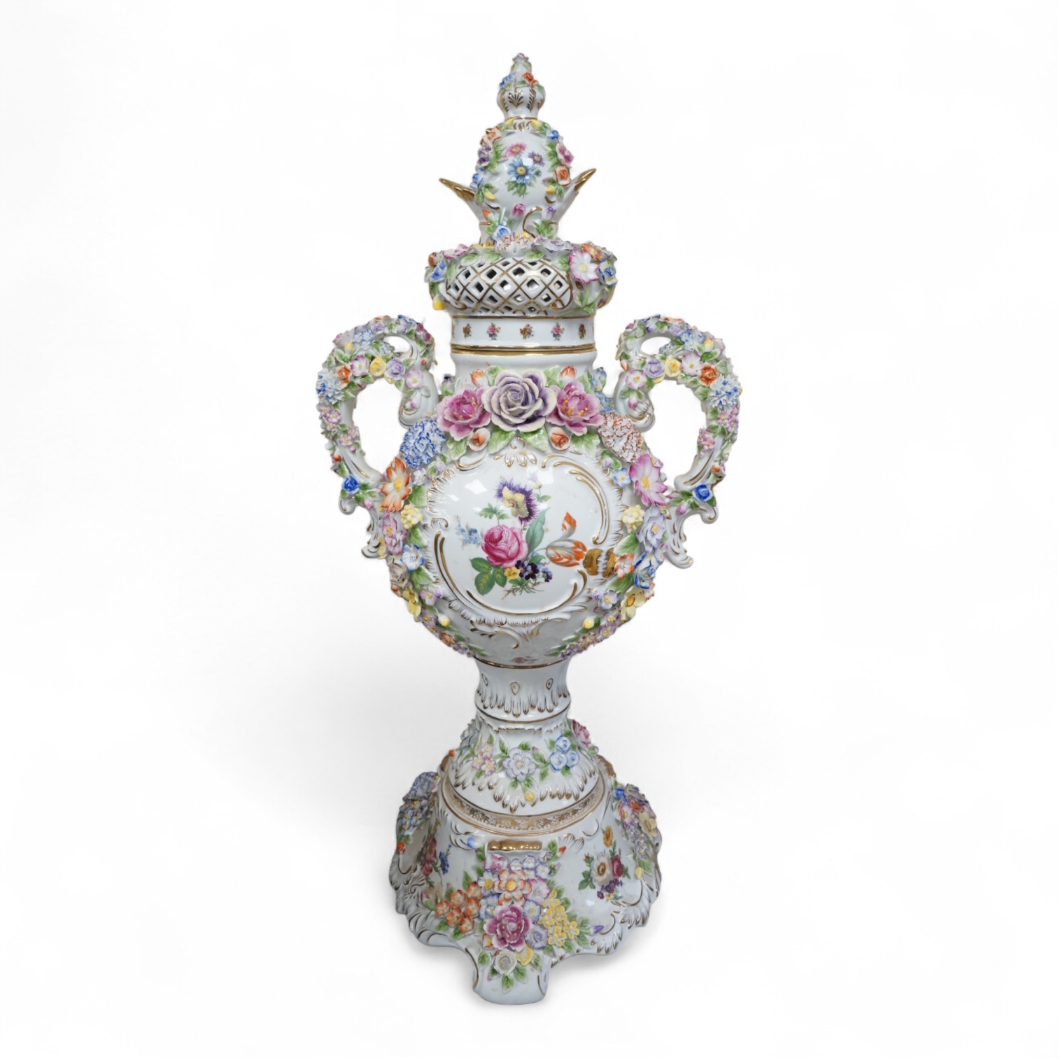 A large 20th century German porcelain two-handled pedestal vase and cover, 89cm